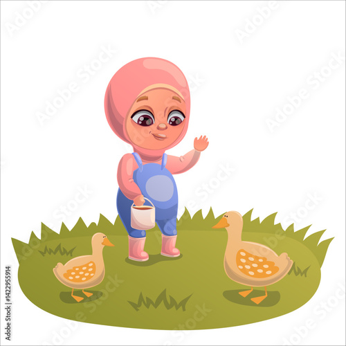 Illustration of a child doing gardening and animal husbandry