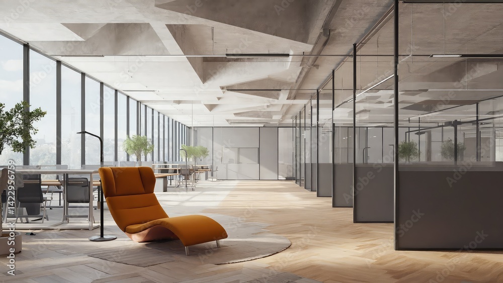 Modern office space with glass partitions and a relaxing lounge chair.