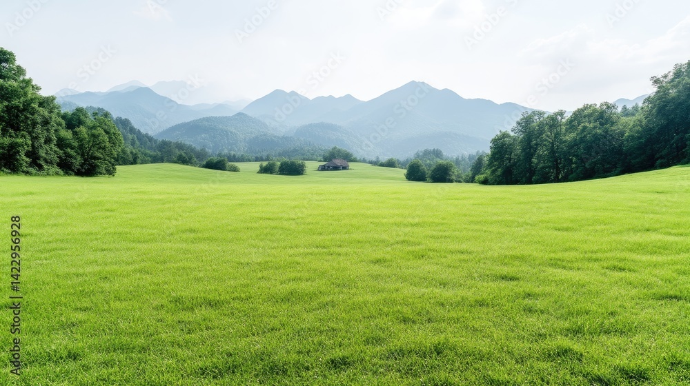 Vast grassy field stretches to distant misty mountains Vast grassy field stretches to distant misty mountains