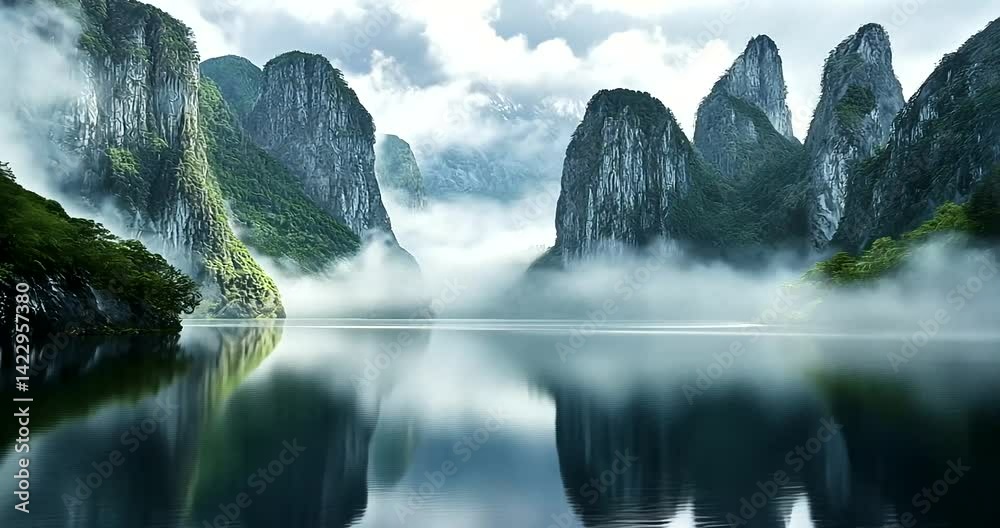 Serene mountain landscape reflecting in calm waters under a cloudy sky, evoking tranquility