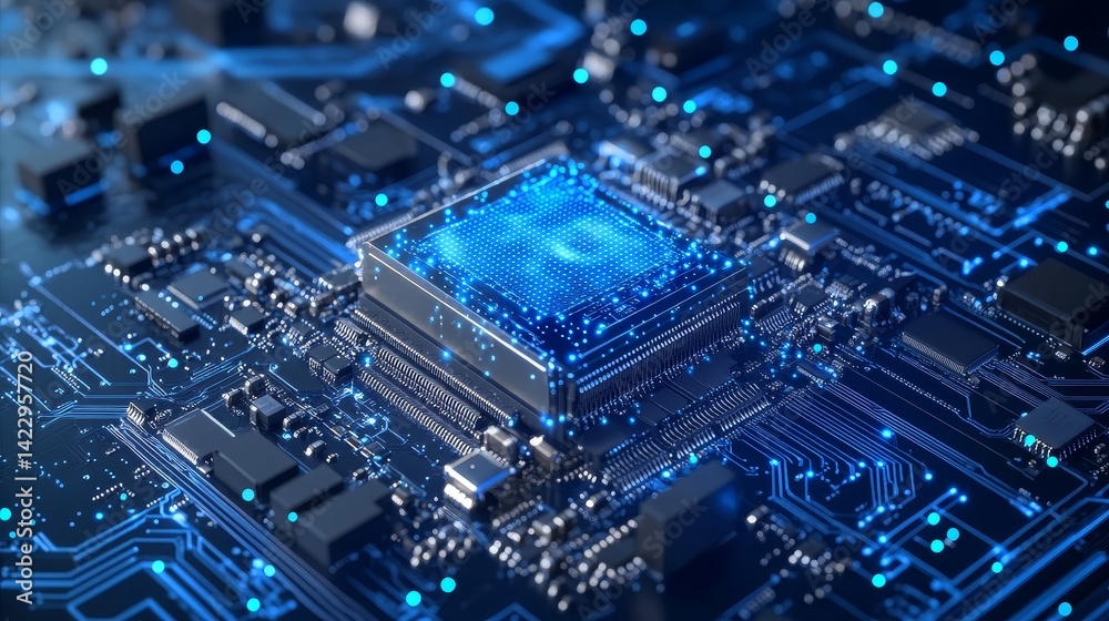 Abstract AI circuit board background featuring interconnected blue lines and electronic components on a tech-themed backdrop, including a computer motherboard with a chip, processor, and semiconductor Abstract AI circuit board background featuring interconnected blue lines and electronic components on a tech-themed backdrop, including a computer motherboard with a chip, processor, and semiconductor