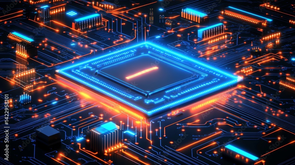 Abstract AI circuit board background featuring interconnected blue lines and electronic components on a tech-themed backdrop, including a computer motherboard with a chip, processor, and semiconductor Abstract AI circuit board background featuring interconnected blue lines and electronic components on a tech-themed backdrop, including a computer motherboard with a chip, processor, and semiconductor