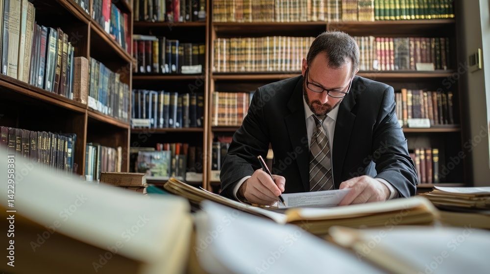 A law clerk reviewing legal documents in a law office filled with bookshelves and legal materials. A law clerk reviewing legal documents in a law office filled with bookshelves and legal materials.