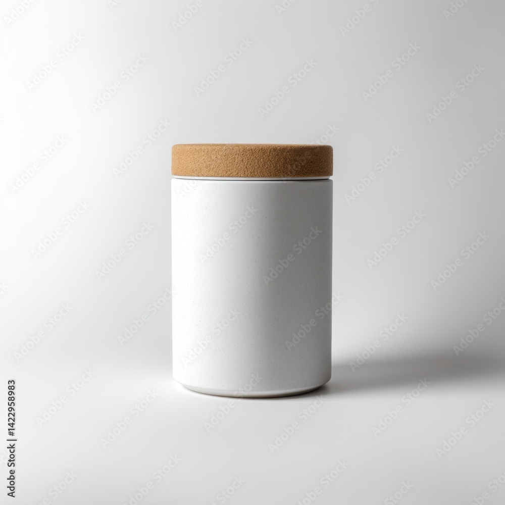 Minimalist White Container with Cork Lid on White Background Minimalist White Container with Cork Lid on White Background