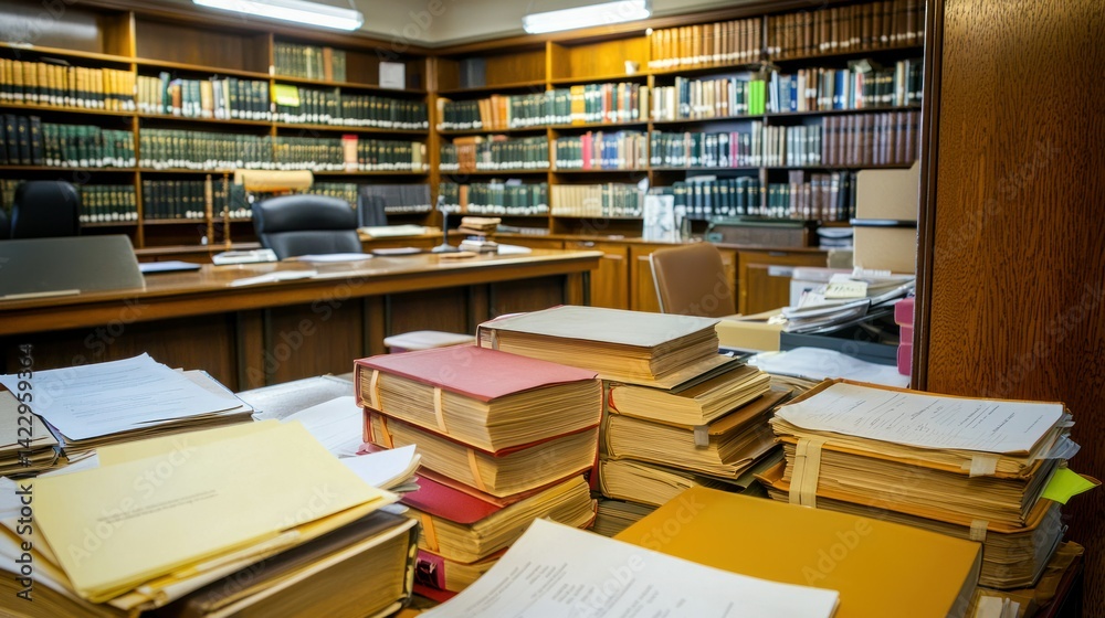 Fototapeta premium A court clerk organizing files in a courtroom, with a judgeâ€™s bench and legal books in the background.