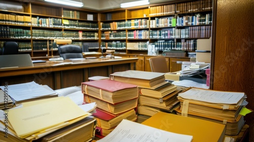 A court clerk organizing files in a courtroom, with a judgeâ€™s bench and legal books in the background.