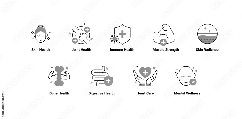 Comprehensive Health and Wellness Icon Set – Skin, Joint, Bone, Digestive, Immune, Heart, and Mental Wellbeing Support Comprehensive Health and Wellness Icon Set – Skin, Joint, Bone, Digestive, Immune, Heart, and Mental Wellbeing Support