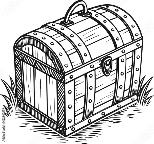 Illustration of a wooden pirate treasure chest with metal bands and rivets art