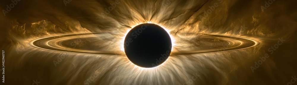 Obraz premium Breathtaking Cosmic Eclipse with Celestial Rings and Planetary Features Captured in Stunning Detail for Deep Space Enthusiasts and Astronomical Art Lovers