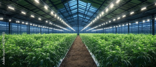 Large greenhouse filled with rows of cannabis plants growing