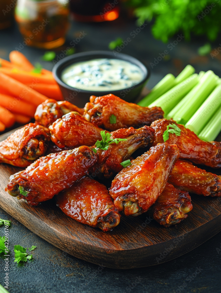 Delicious Buffalo wings served with celery, carrots, and creamy dipping sauce Delicious Buffalo wings served with celery, carrots, and creamy dipping sauce