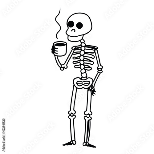 Skeleton drinking coffee vector illustration halloween spooky caffeine boost