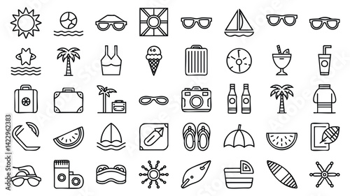 A set of black line art icons representing various summer vacation activities and elements