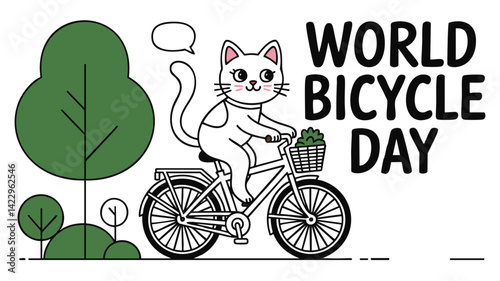A whimsical illustration of a white cat riding a bicycle with a basket of greenery