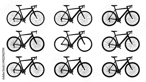 A repeating pattern of simple, black silhouette road bikes