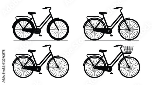 This image presents four different bicycle silhouettes, each with subtle variations in design, like a basket on one