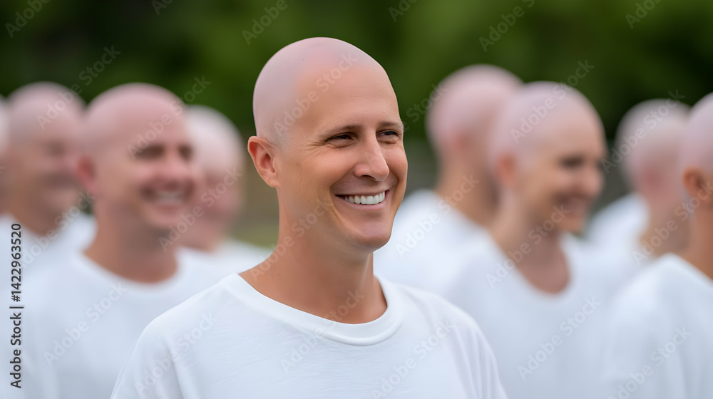Smiling man among a group of bald people in white shirts, a representation of unity Smiling man among a group of bald people in white shirts, a representation of unity