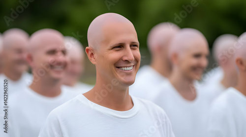 Smiling man among a group of bald people in white shirts, a representation of unity