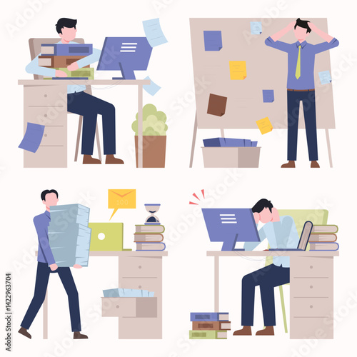 Overwhelmed Office Worker: Four Scenes of Workplace Stress