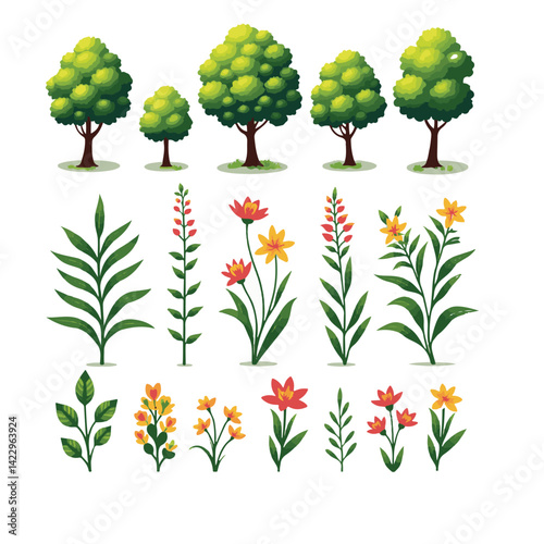 Vector set of Top view green tree for outdoor plan or map and architecture drawing, elements for environment and garden ,botanical elements ,Blooming flowers in spring,tropical plants element See Less