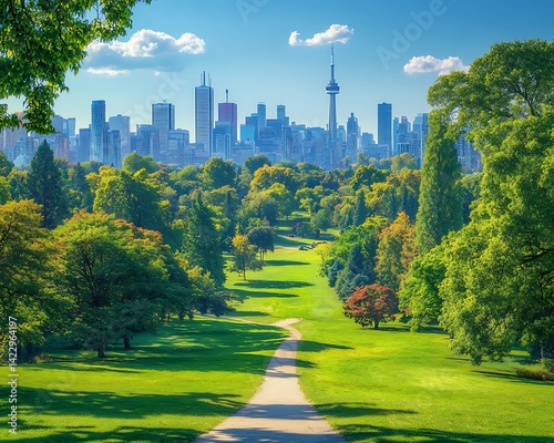Cityscape parkland vista sunny day
