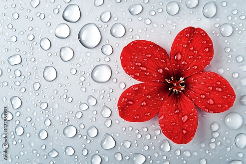 Red flower on water drops, close-up