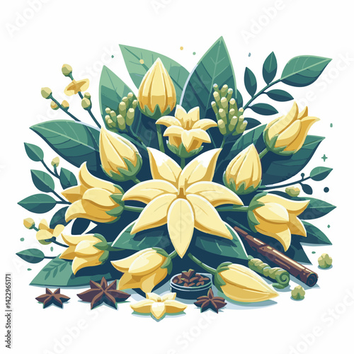plant, blossom, nature, flora, bloom, aromatherapy, flower, natural, aroma, yellow, leaf, tropical, beauty, cananga, perfume, green, isolated, botanical, background, spa, essential, fragrance, organic