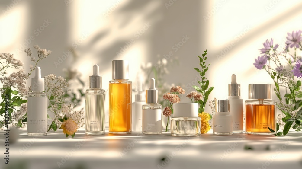 A front-facing shot of a set of luxury glass bottles of skincare products, arranged on a white surface with soft, diffused lighting to enhance their elegant design A front-facing shot of a set of luxury glass bottles of skincare products, arranged on a white surface with soft, diffused lighting to enhance their elegant design