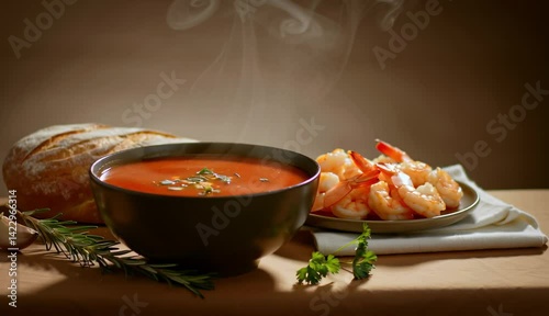 A bowl of fresh shrimp soup with herbs served alongside bread, steam rising in warmth