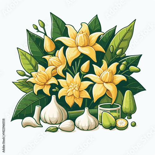 plant, blossom, nature, flora, bloom, aromatherapy, flower, natural, aroma, yellow, leaf, tropical, beauty, cananga, perfume, green, isolated, botanical, background, spa, essential, fragrance, organic