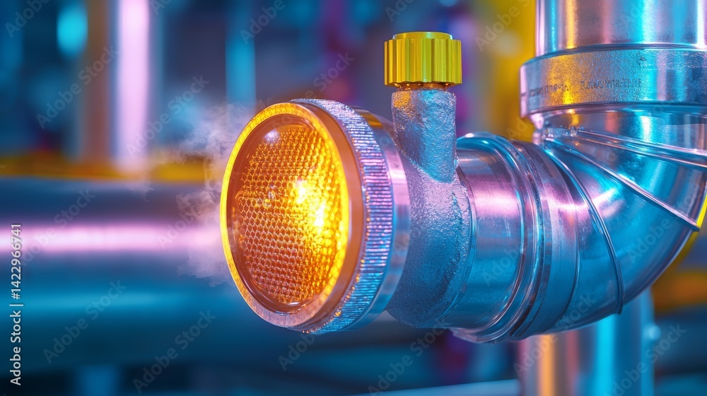 Obraz premium Close-Up of a Steam-Driven Cooling System with Metallic Pipes and Orange Pressure Gauge Emitting Steam