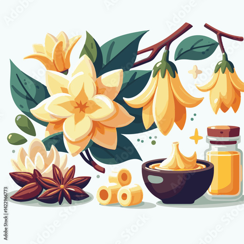 plant, blossom, nature, flora, bloom, aromatherapy, flower, natural, aroma, yellow, leaf, tropical, beauty, cananga, perfume, green, isolated, botanical, background, spa, essential, fragrance, organic