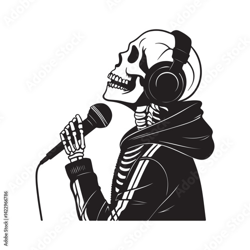 Silhouette of a little skeleton head with headphones and a microphone
