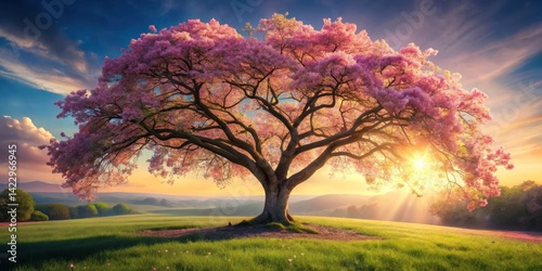 Serene Sunset Landscape Featuring a Majestic Blossoming Tree in a Verdant Meadow