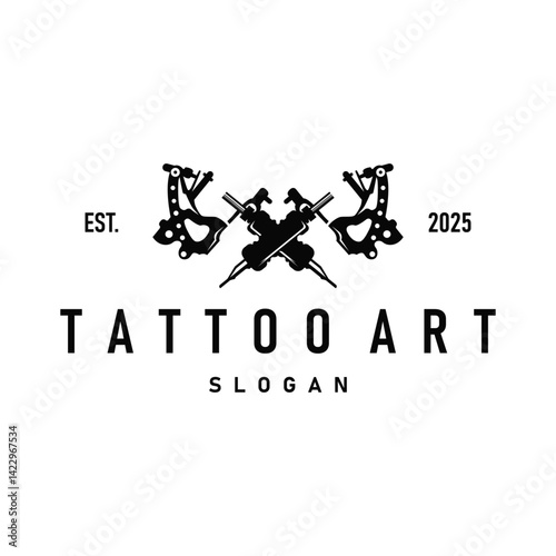 black silhouette illustration logo tattoo machine with vintage old retro minimalist concept template symbol tattoo studio design