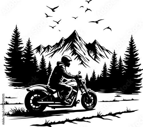 Motorcycle Rider in Mountain Landscape