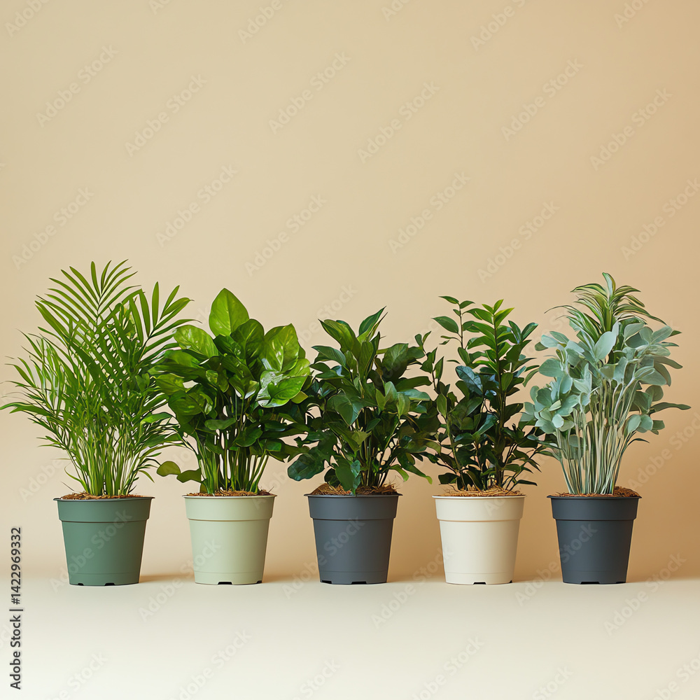 A serene lineup of potted plants against a blank background, perfect for nature themes, home decor, and botanical projects. Minimalist and versatile A serene lineup of potted plants against a blank background, perfect for nature themes, home decor, and botanical projects. Minimalist and versatile