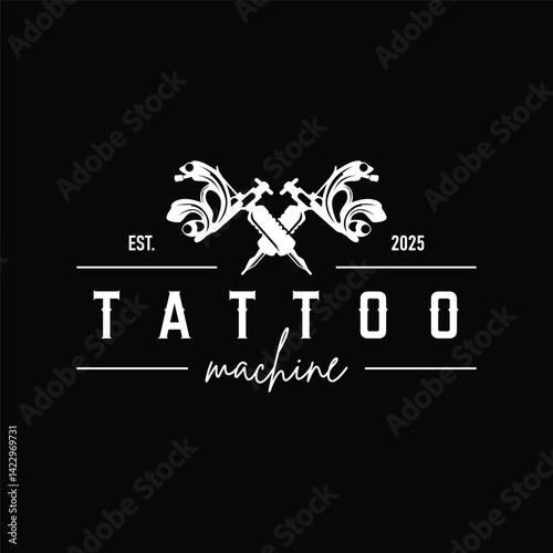 black silhouette illustration logo tattoo machine with vintage old retro minimalist concept template symbol tattoo studio design