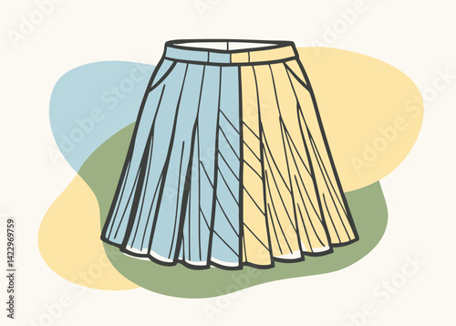 Hand Drawn Illustration of a Pleated Skirt in Blue and Yellow