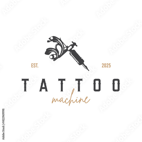black silhouette illustration logo tattoo machine with vintage old retro minimalist concept template symbol tattoo studio design