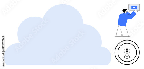 Large cloud paired with man holding tablet streaming video and an eye within a transmitter icon. Ideal for tech, cloud storage, media, streaming, connectivity, innovation, simple landing page