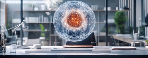 3D Hologram of Neural Network Floating Above Desk in Modern Office Environment with Natural Light and Decor