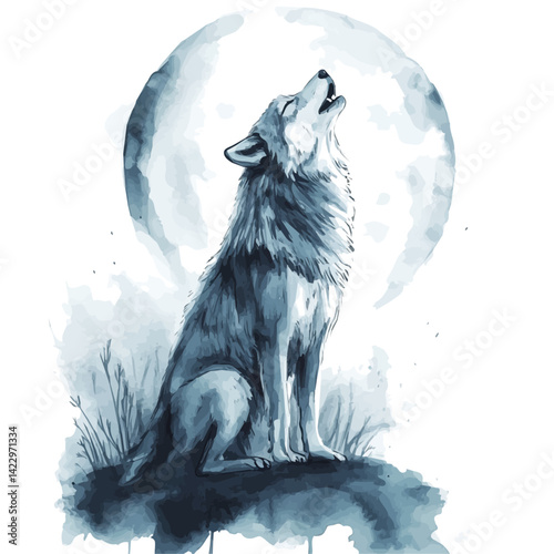 Wolf Howling At The Moon, vector watercolor illustration, isolated on a white background.