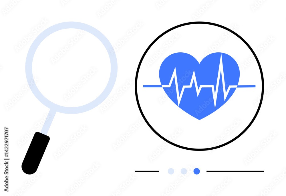 Magnifying glass near heart with heartbeat line in circular frame, symbolizing health monitoring. Ideal for healthcare, diagnostics, cardiology, fitness, research, app design, simple landing page Magnifying glass near heart with heartbeat line in circular frame, symbolizing health monitoring. Ideal for healthcare, diagnostics, cardiology, fitness, research, app design, simple landing page
