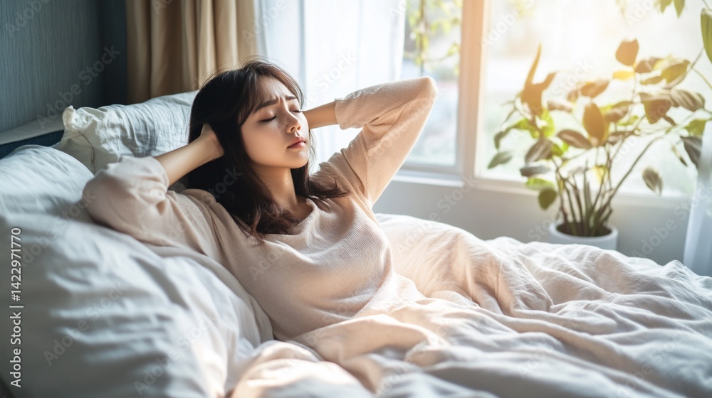 Serene morning, Young woman stretches in bed with gentle sunlight Serene morning, Young woman stretches in bed with gentle sunlight