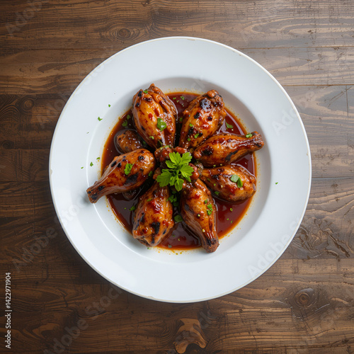Chicken wings barbeque in a dish with BBQ grill sauce . Izgara tavuk kelebek sis kanat. Tavuk sis, gogus.