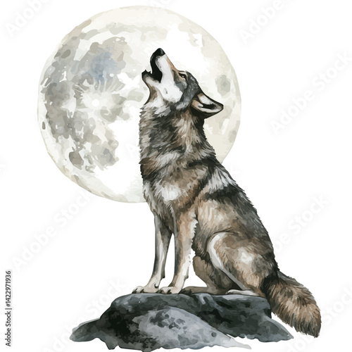 watercolor of Wolf Howling At The Moon, vector, isolated on a white background.