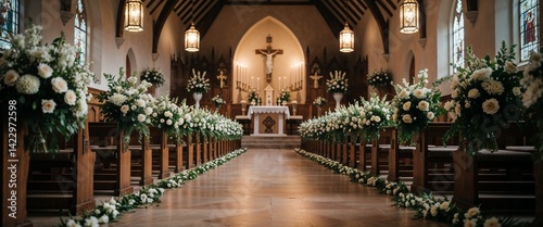 Church aisle lined with wedding flowers wide angle panoramic view horizontal symmetric background