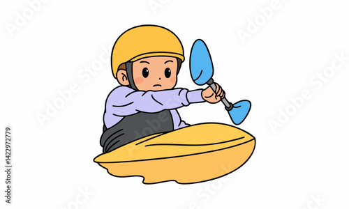 cute kayaker doing extreme rafting on wave cartoon illustration
