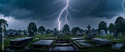 Eerie cemetery during a thunderstorm wide angle panoramic view horizontal symmetric background flashes of lightning reveal crypts and graves disturbed by unseen forces.